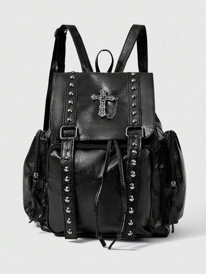 Black Leather Backpack with Studded Straps and Cross Detail