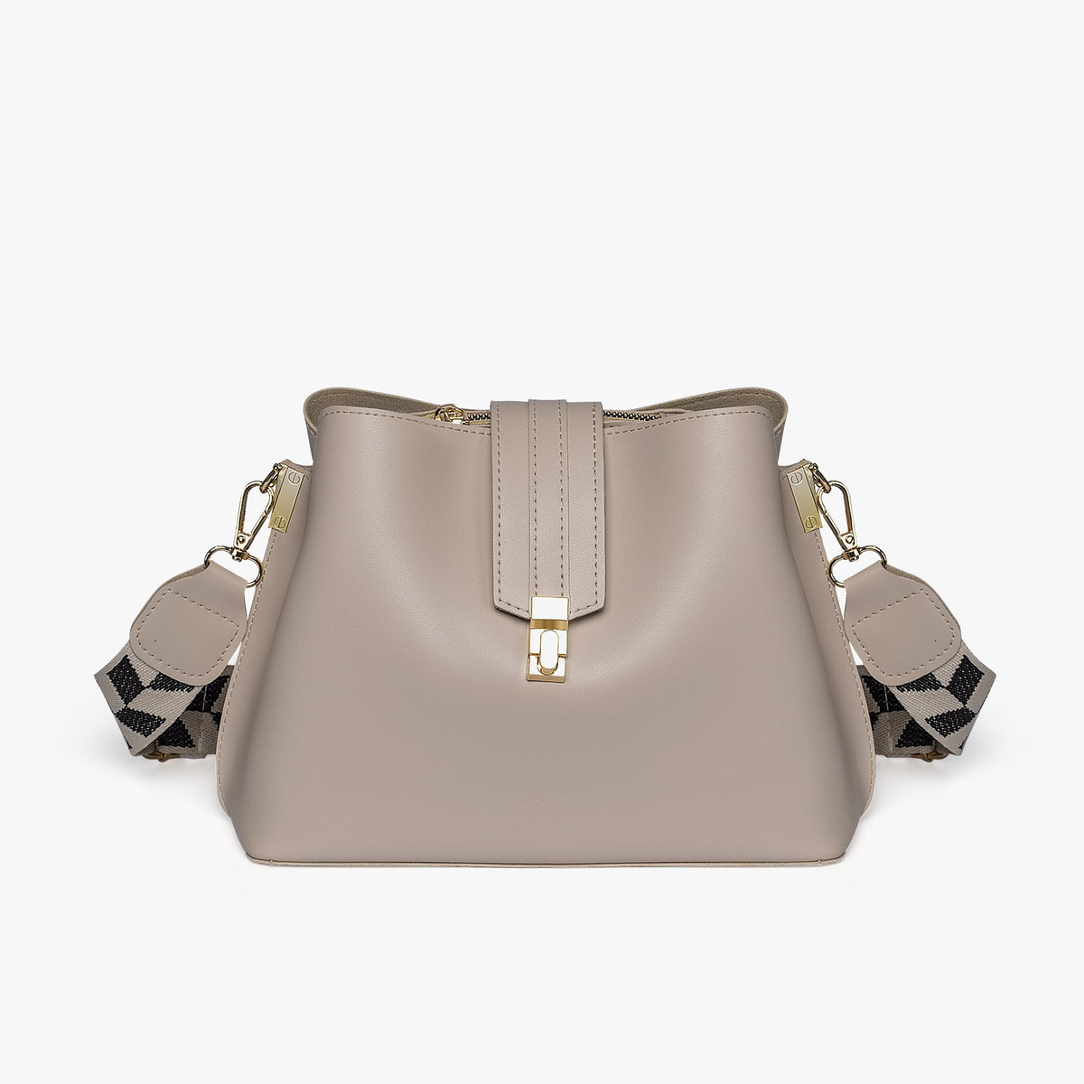 Black Leather Crossbody Bag with Gold Hardware and Check Strap