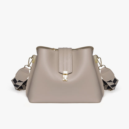 Black Leather Crossbody Bag with Gold Hardware and Check Strap
