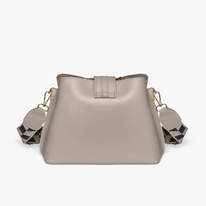 Black Leather Crossbody Bag with Gold Hardware and Check Strap