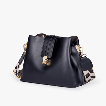 Black Leather Crossbody Bag with Gold Hardware and Check Strap