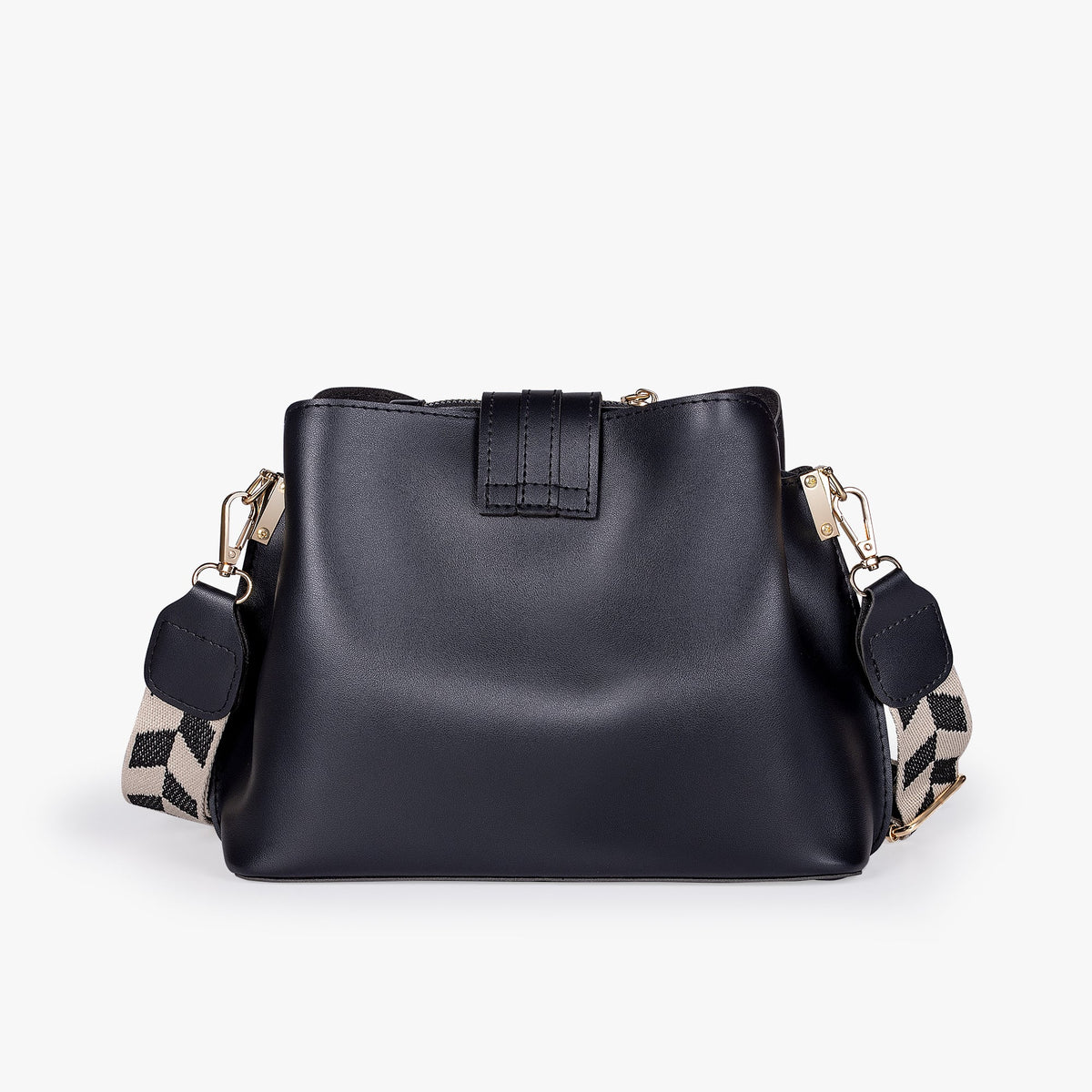 Black Leather Crossbody Bag with Gold Hardware and Check Strap
