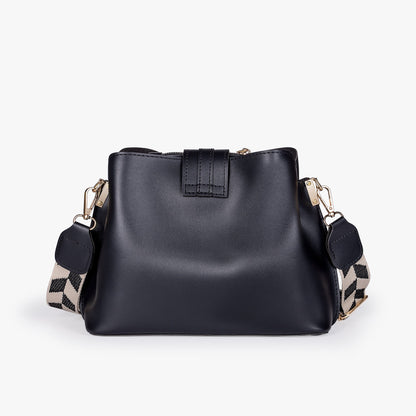 Black Leather Crossbody Bag with Gold Hardware and Check Strap