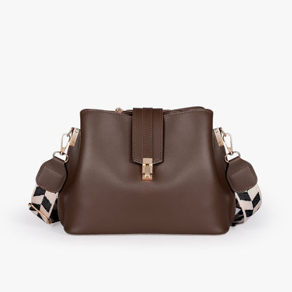 Black Leather Crossbody Bag with Gold Hardware and Check Strap