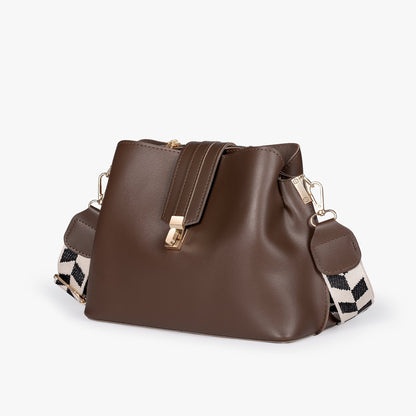Black Leather Crossbody Bag with Gold Hardware and Check Strap