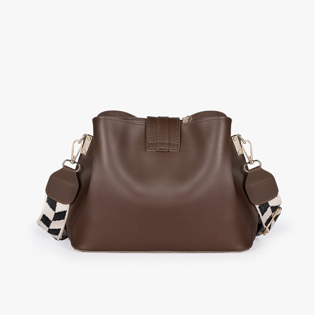 Black Leather Crossbody Bag with Gold Hardware and Check Strap