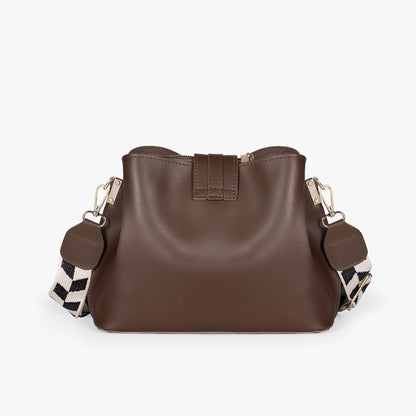 Black Leather Crossbody Bag with Gold Hardware and Check Strap
