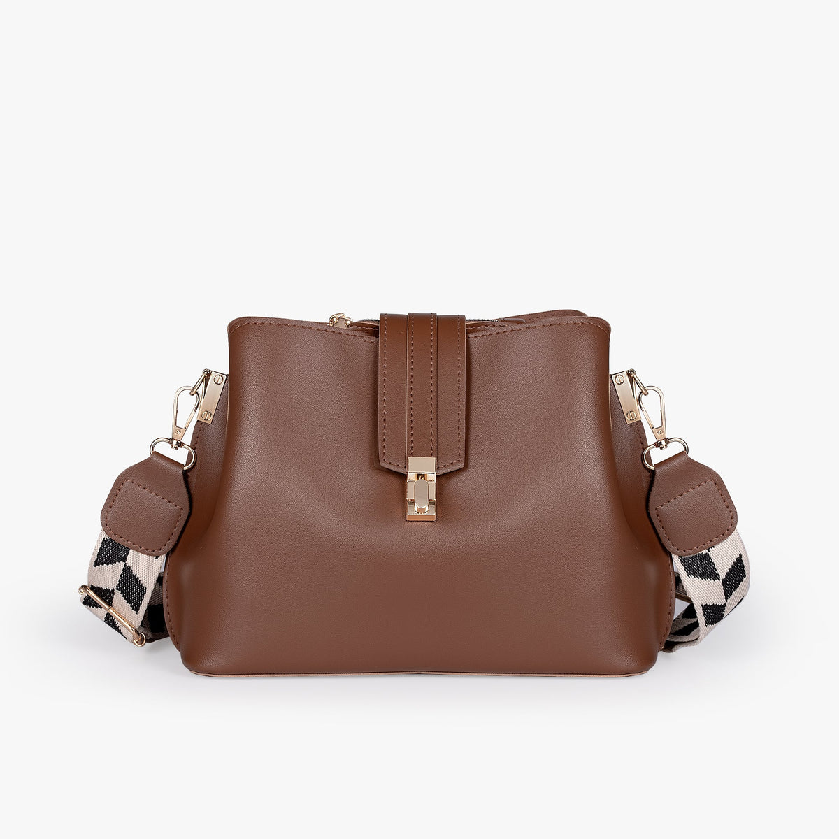 Black Leather Crossbody Bag with Gold Hardware and Check Strap