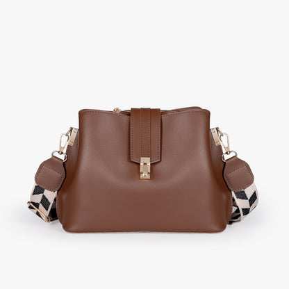 Black Leather Crossbody Bag with Gold Hardware and Check Strap