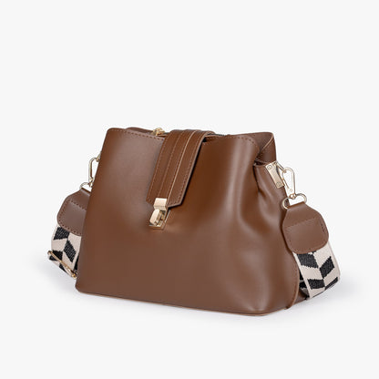 Black Leather Crossbody Bag with Gold Hardware and Check Strap