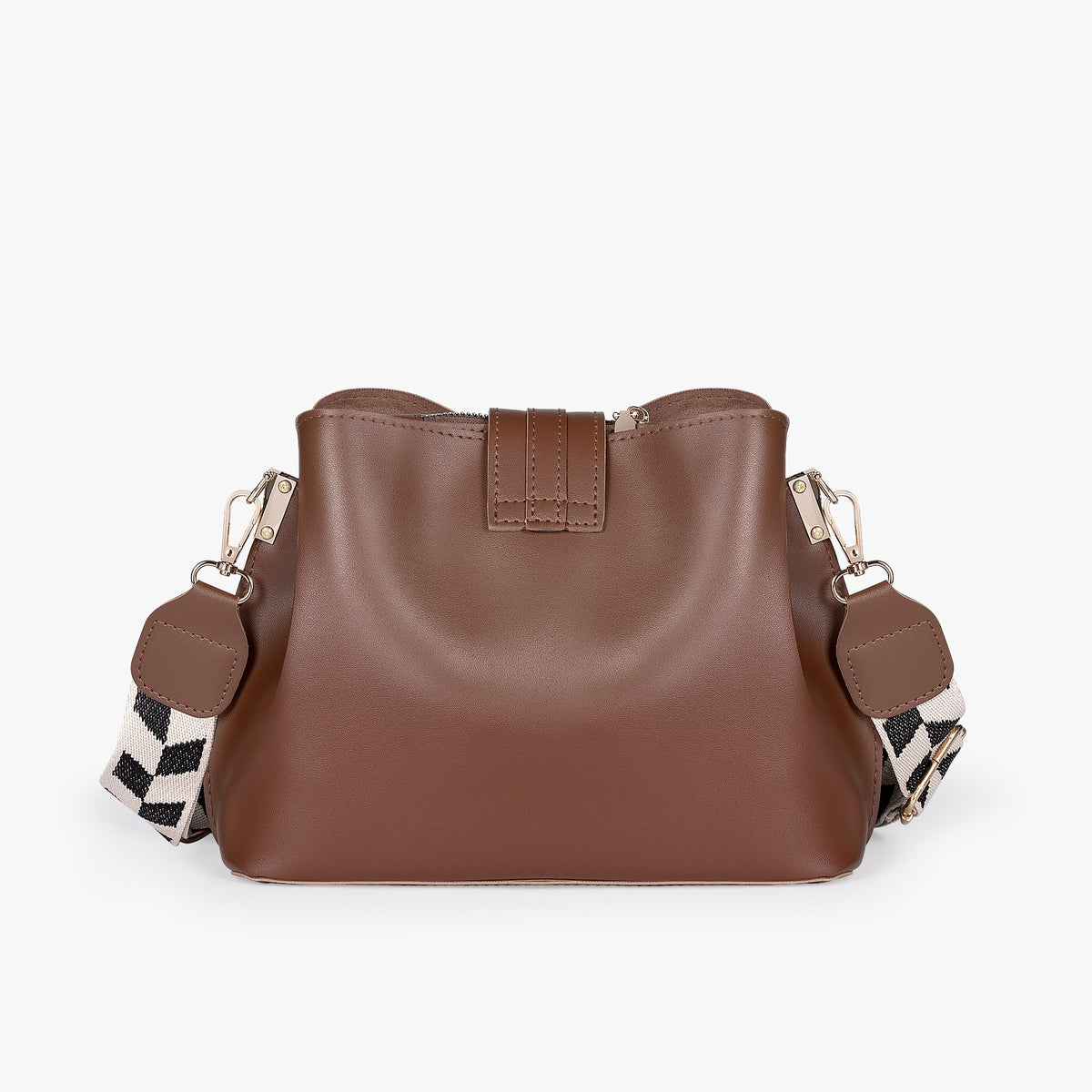 Black Leather Crossbody Bag with Gold Hardware and Check Strap