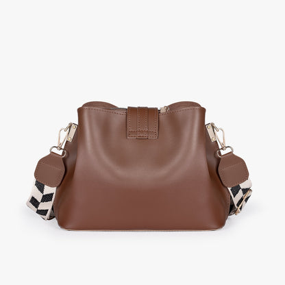 Black Leather Crossbody Bag with Gold Hardware and Check Strap
