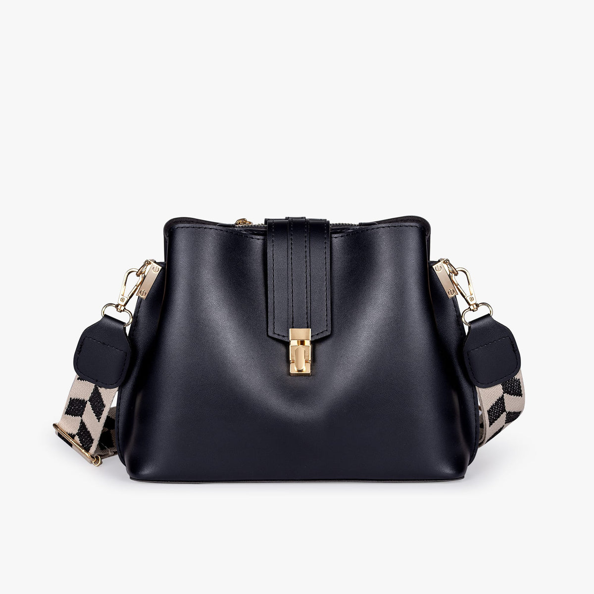 Black Leather Crossbody Bag with Gold Hardware and Check Strap