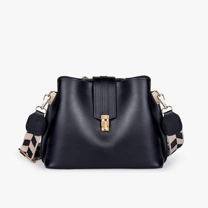 Black Leather Crossbody Bag with Gold Hardware and Check Strap
