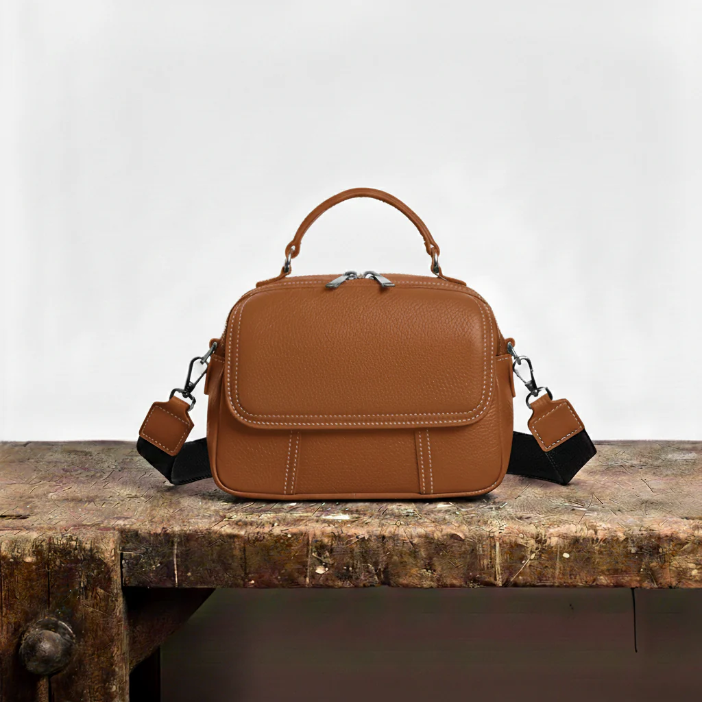 Black Leather Crossbody Bag with Wide Strap and Top Handle