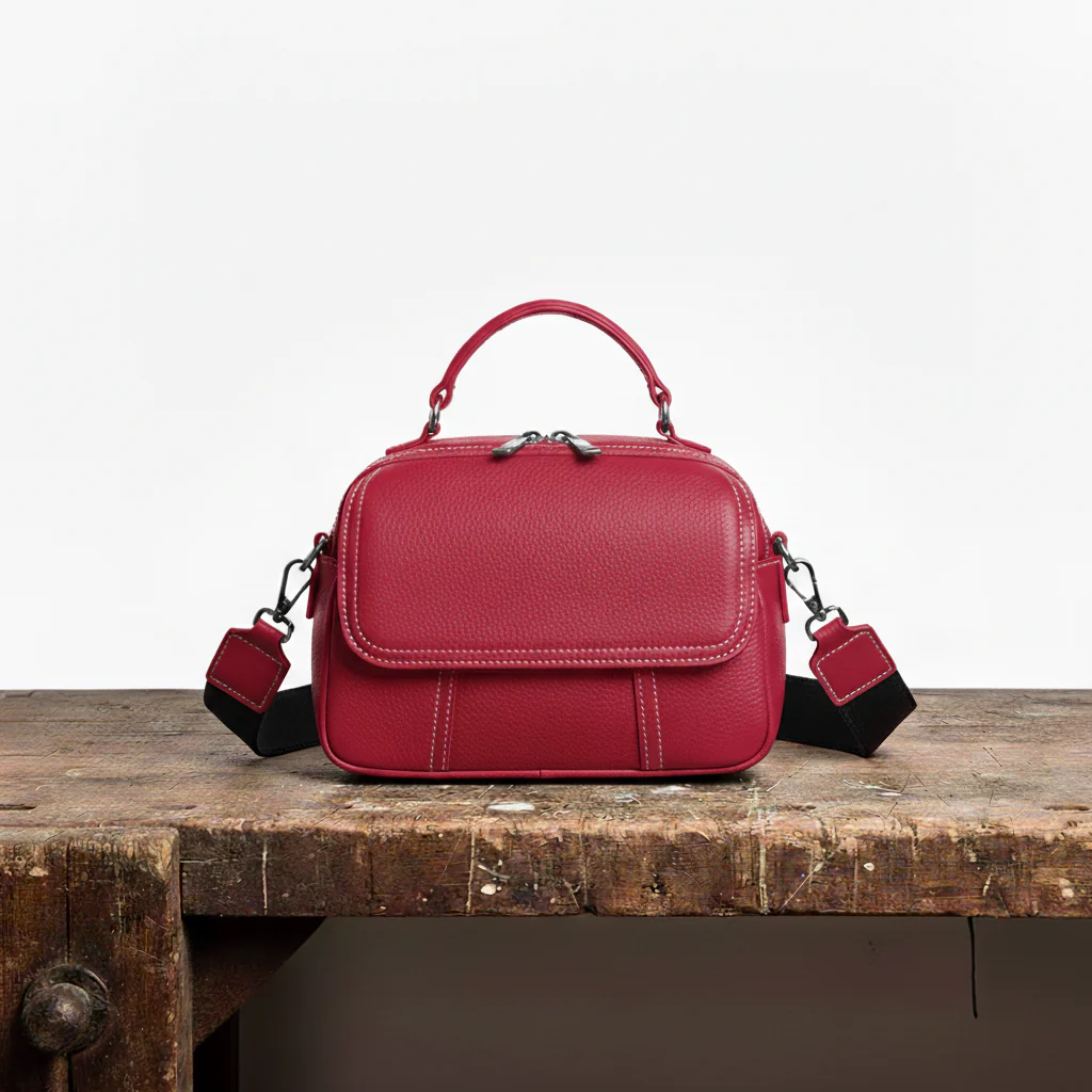 Black Leather Crossbody Bag with Wide Strap and Top Handle