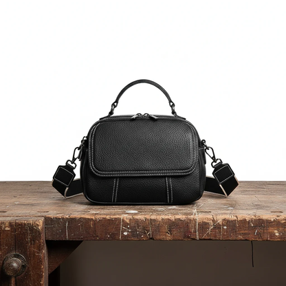 Black Leather Crossbody Bag with Wide Strap and Top Handle
