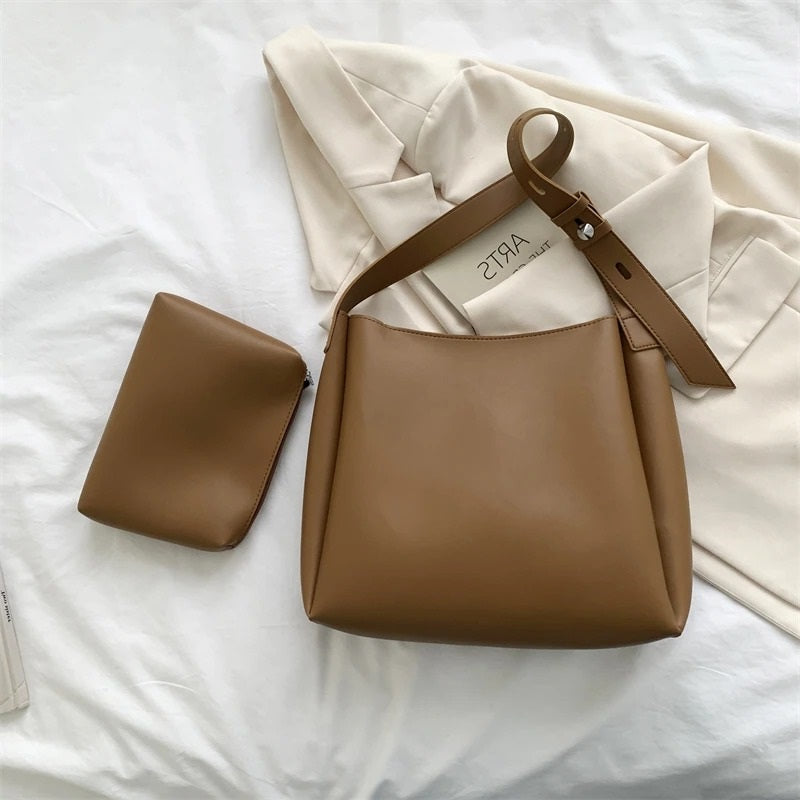 Black Leather Shoulder Bag with Adjustable Buckle Strap
