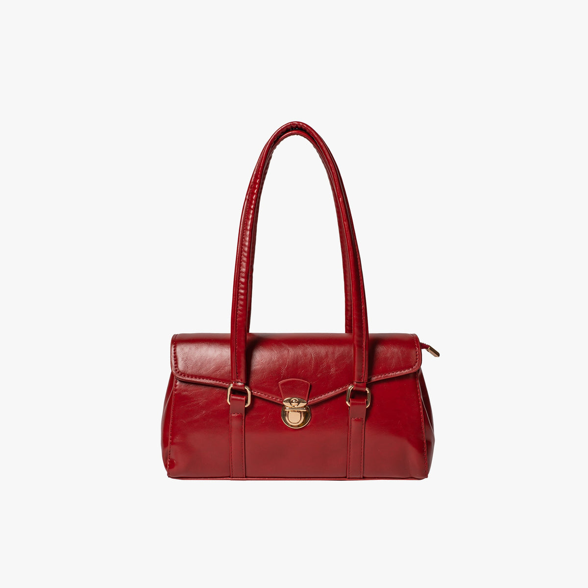 Black Leather Shoulder Bag with Gold Lock Clasp