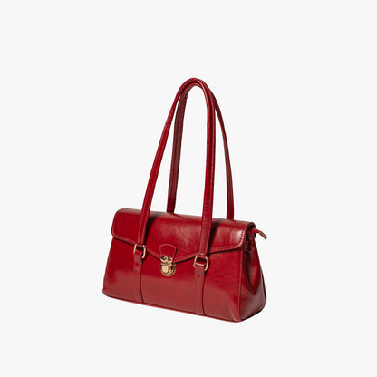 Black Leather Shoulder Bag with Gold Lock Clasp