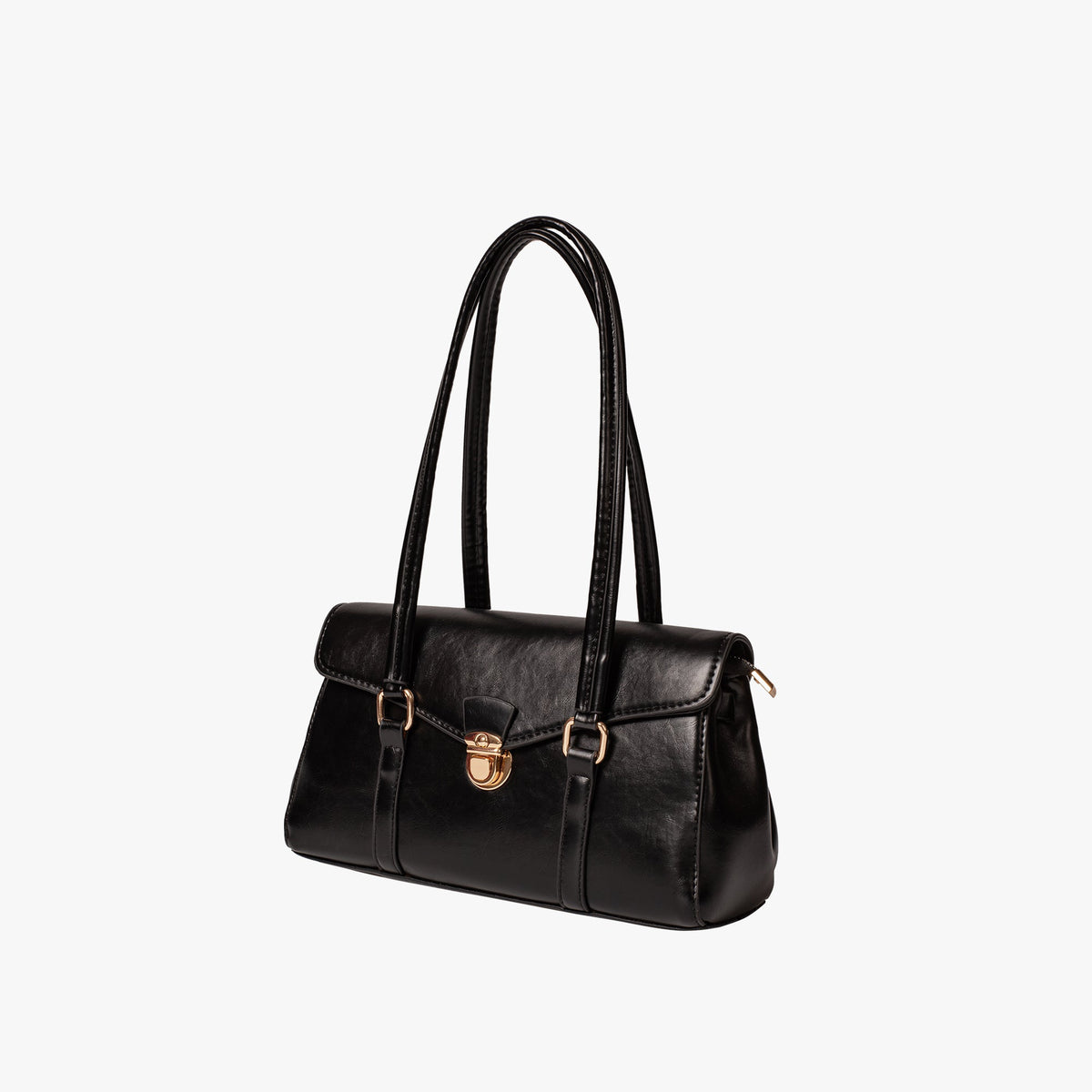 Black Leather Shoulder Bag with Gold Lock Clasp