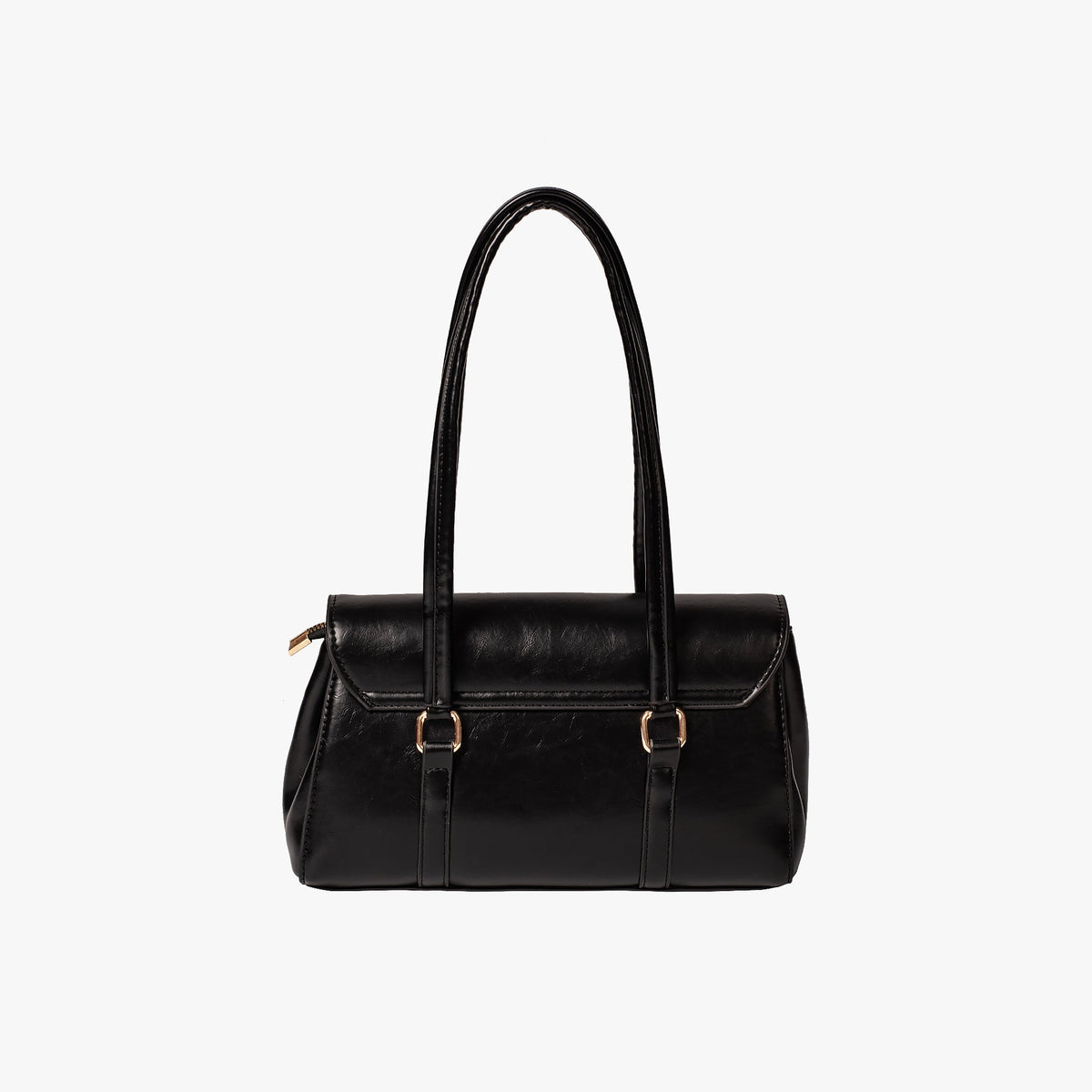 Black Leather Shoulder Bag with Gold Lock Clasp