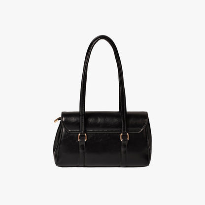 Black Leather Shoulder Bag with Gold Lock Clasp