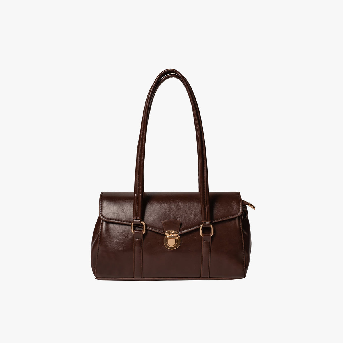 Black Leather Shoulder Bag with Gold Lock Clasp