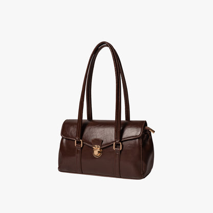 Black Leather Shoulder Bag with Gold Lock Clasp