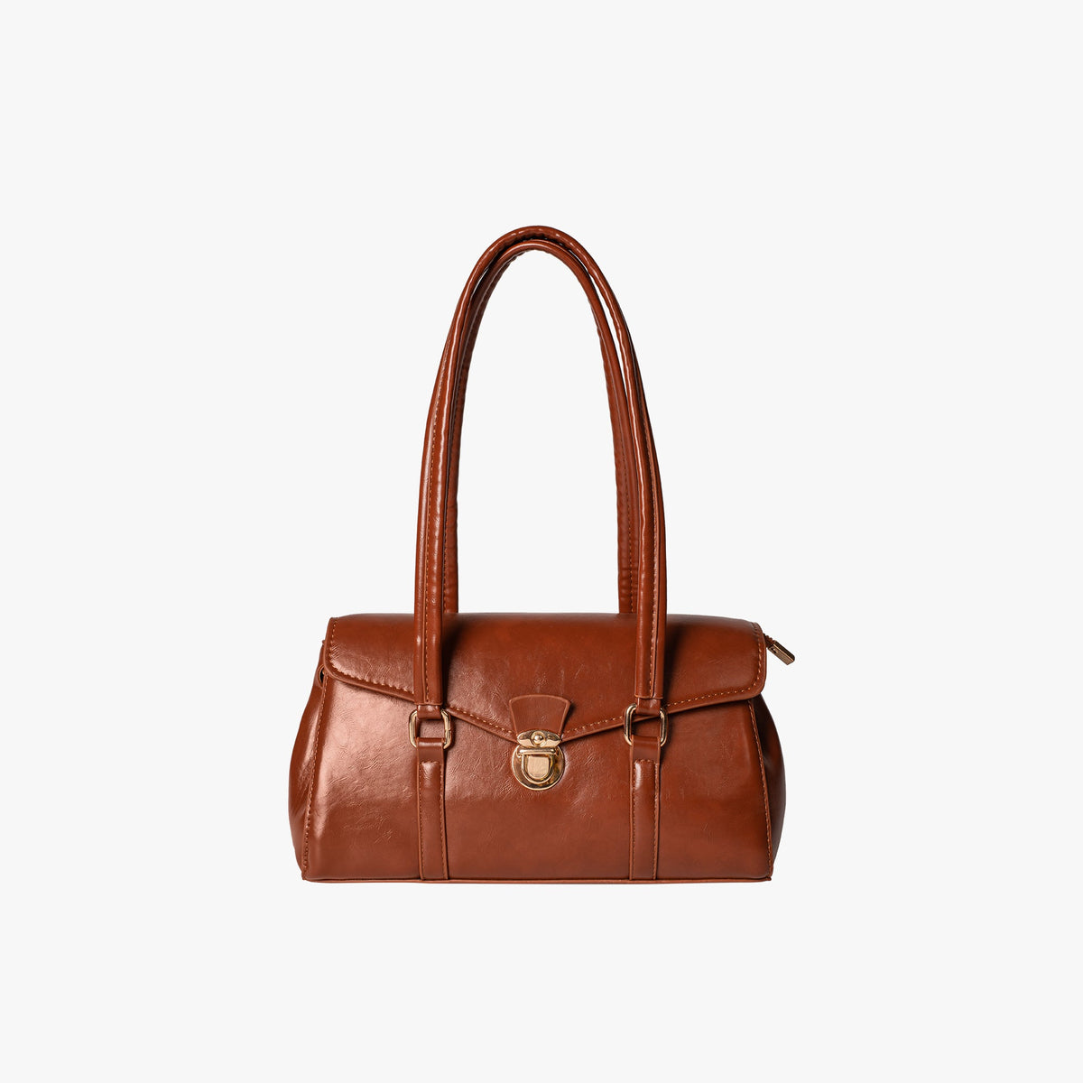 Black Leather Shoulder Bag with Gold Lock Clasp