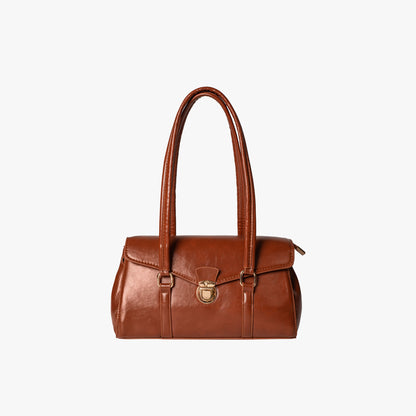 Black Leather Shoulder Bag with Gold Lock Clasp