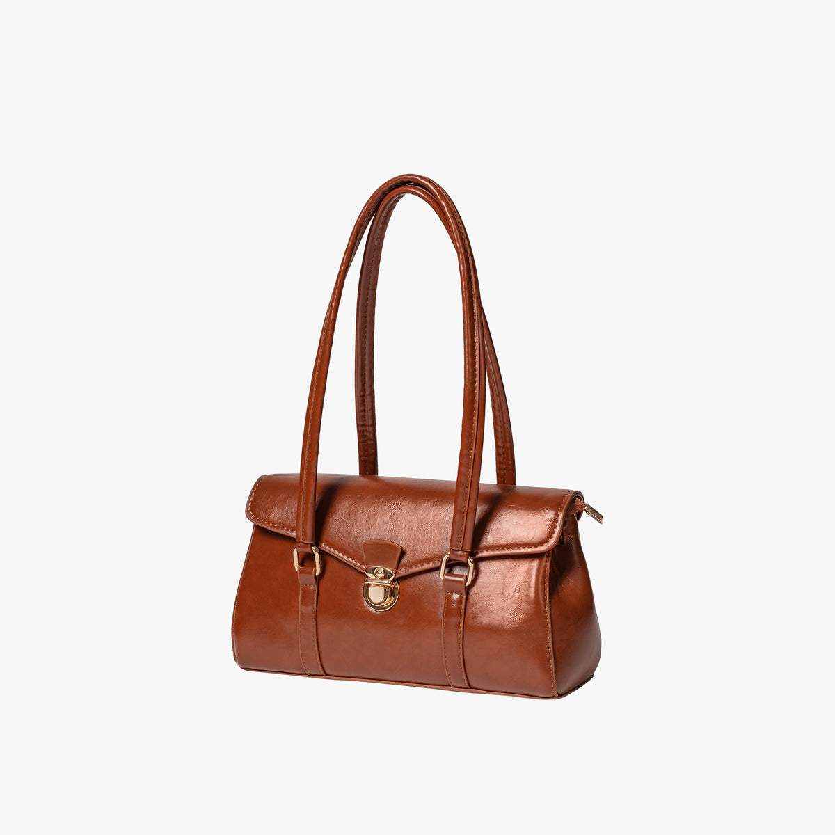 Black Leather Shoulder Bag with Gold Lock Clasp