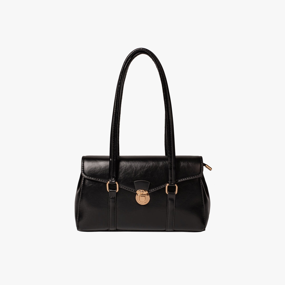 Black Leather Shoulder Bag with Gold Lock Clasp