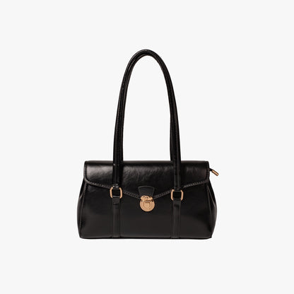 Black Leather Shoulder Bag with Gold Lock Clasp