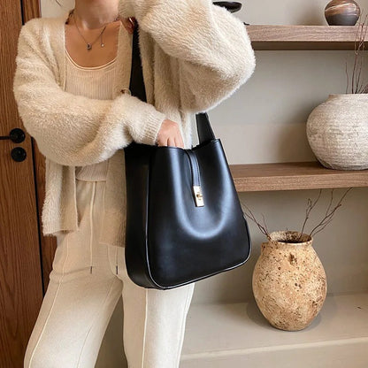 Black Leather Shoulder Bag with Gold Turn Lock