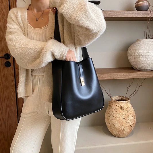 Black Leather Shoulder Bag with Gold Turn Lock