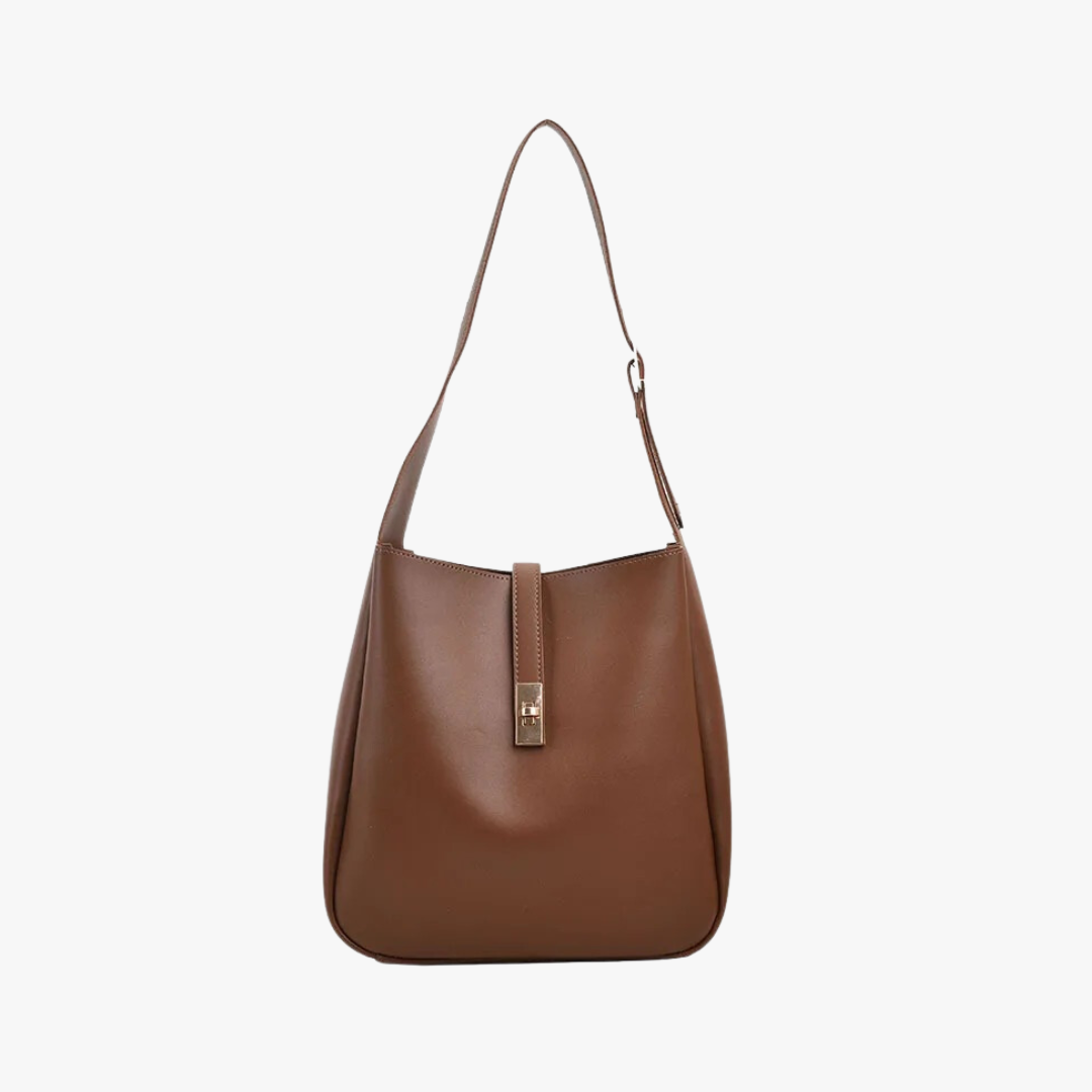 Black Leather Shoulder Bag with Gold Turn Lock