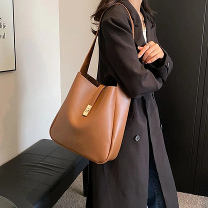 Black Leather Shoulder Bag with Gold Turn Lock