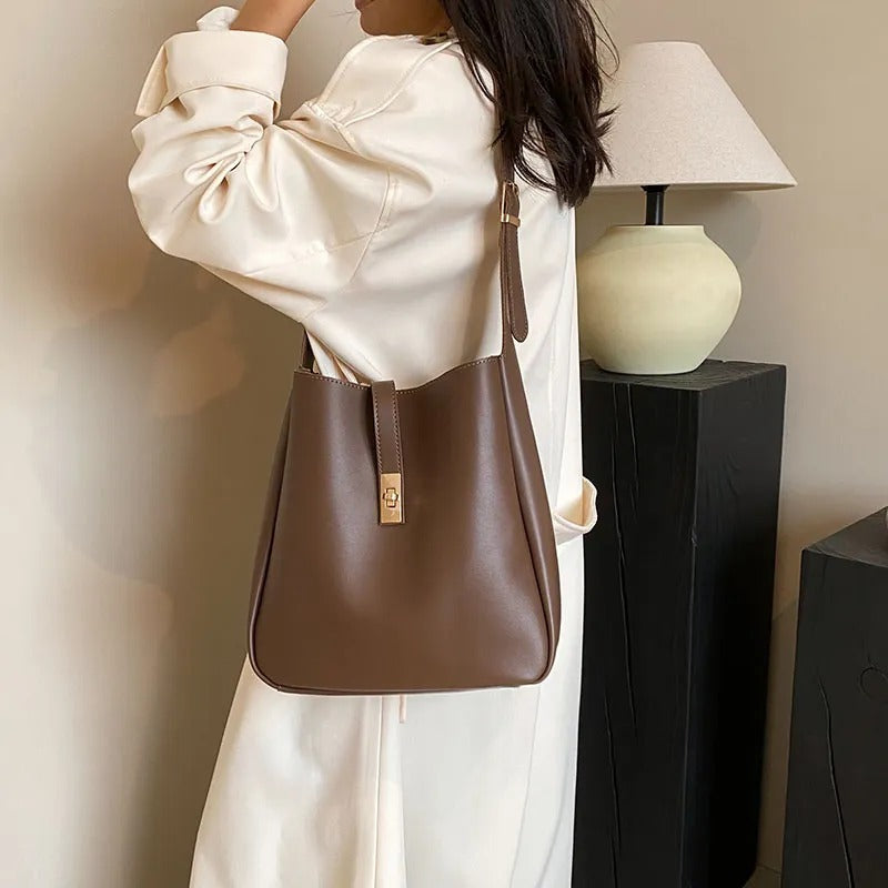 Black Leather Shoulder Bag with Gold Turn Lock