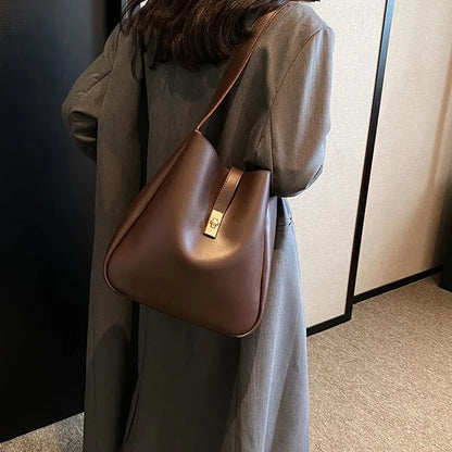 Black Leather Shoulder Bag with Gold Turn Lock