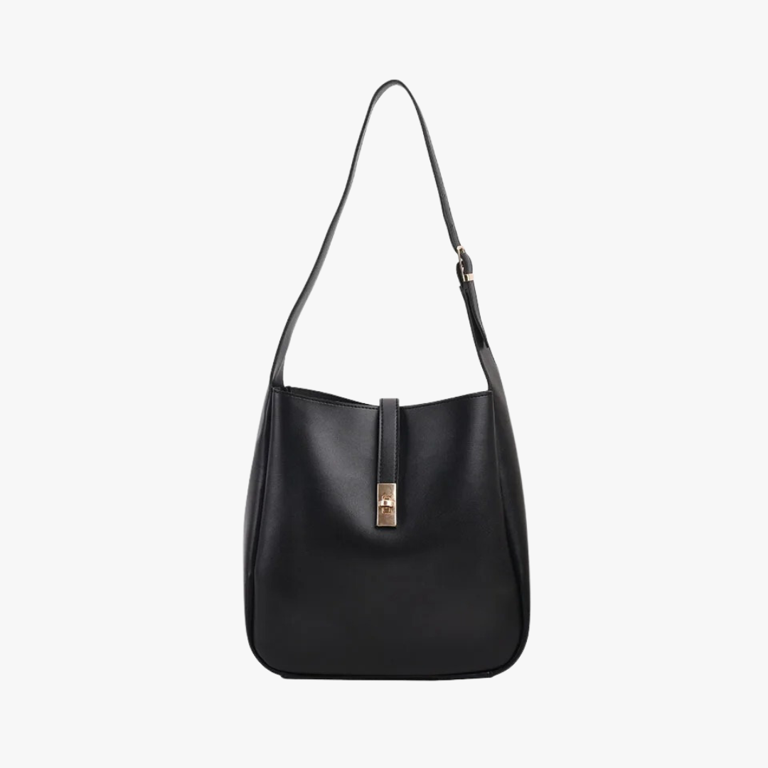 Black Leather Shoulder Bag with Gold Turn Lock