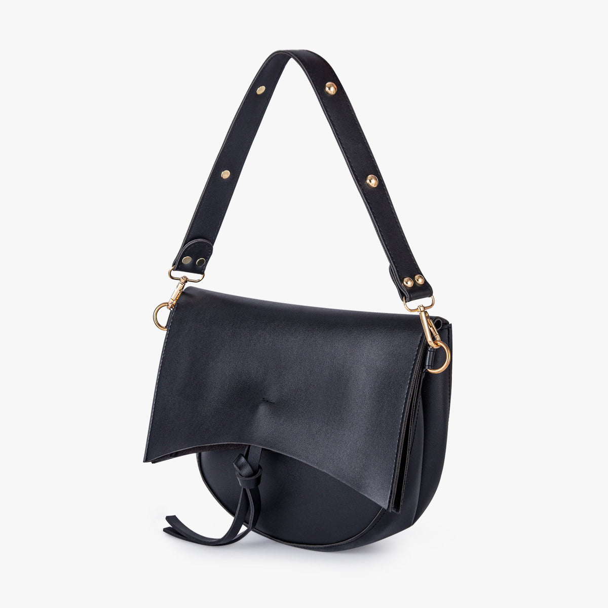 Black Leather Shoulder Bag with Knot Detail and Gold Hardware