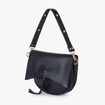 Black Leather Shoulder Bag with Knot Detail and Gold Hardware