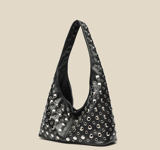 Black Leather Shoulder Bag with Silver Stud and Eyelet Detail