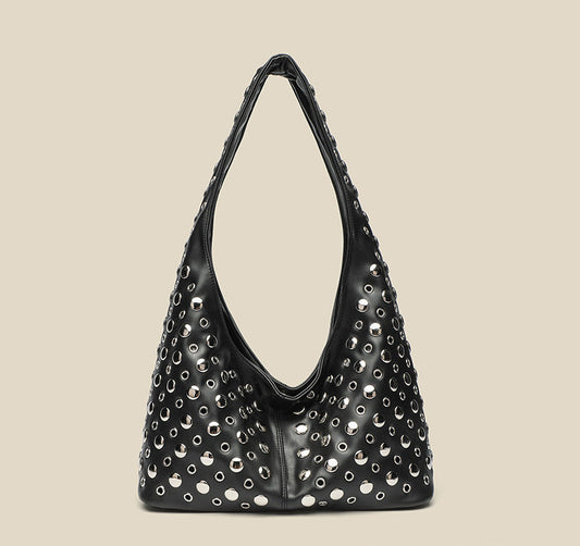 Black Leather Shoulder Bag with Silver Stud and Eyelet Detail