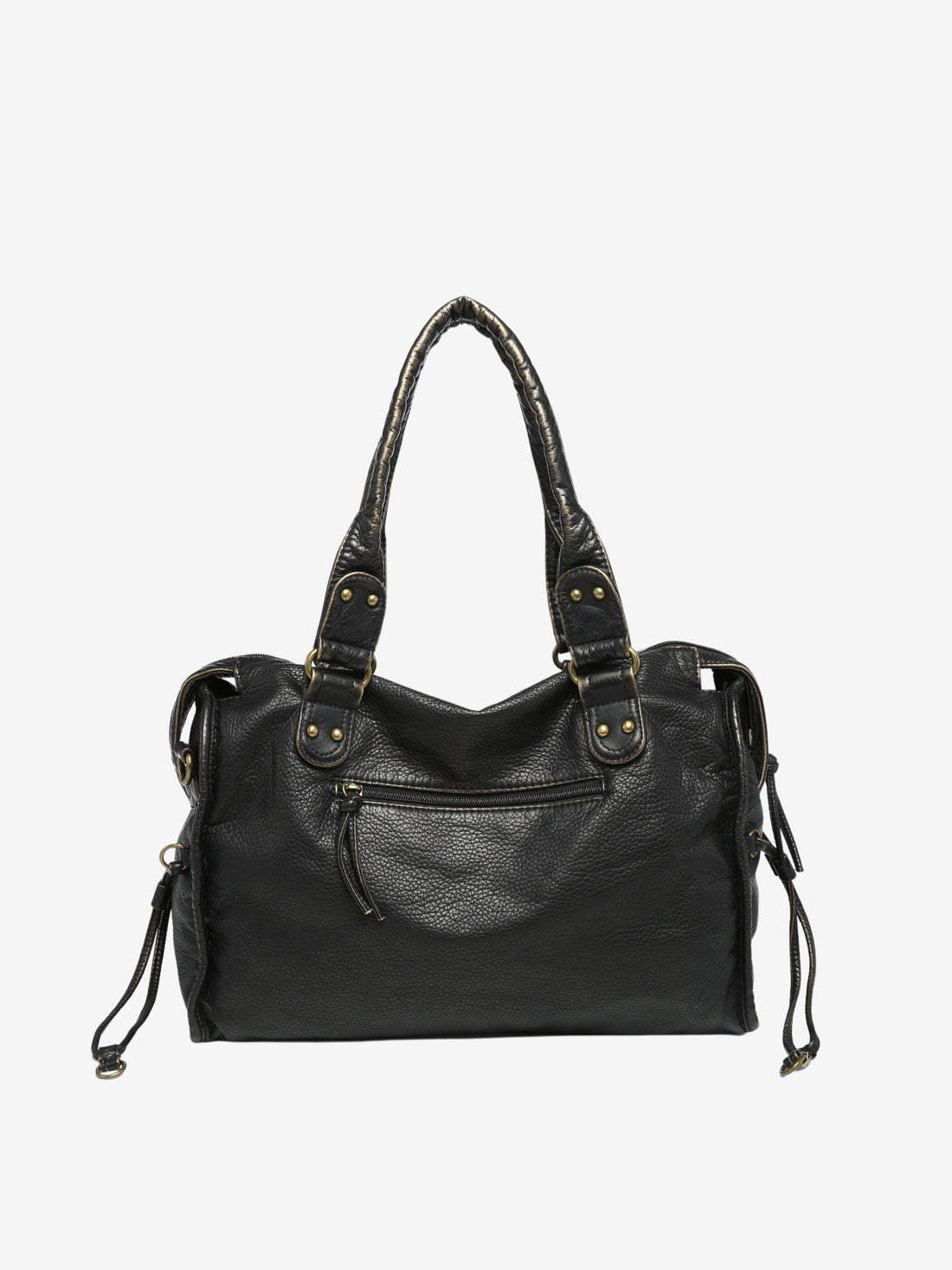 Black Leather Shoulder Bag with Woven Trim and Antique Hardware