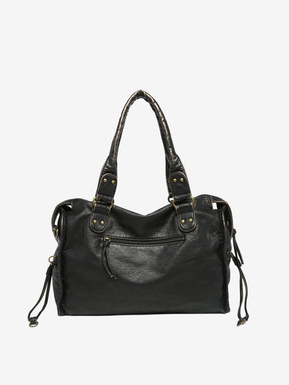 Black Leather Shoulder Bag with Woven Trim and Antique Hardware