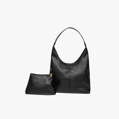 Black Leather Shoulder Bag with Zip Pouch