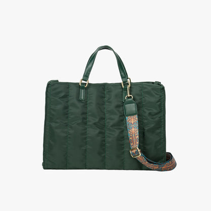 Black Quilted Tote Bag with Printed Crossbody Strap and Gold Hardware