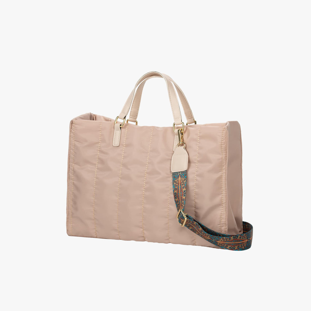 Black Quilted Tote Bag with Printed Crossbody Strap and Gold Hardware